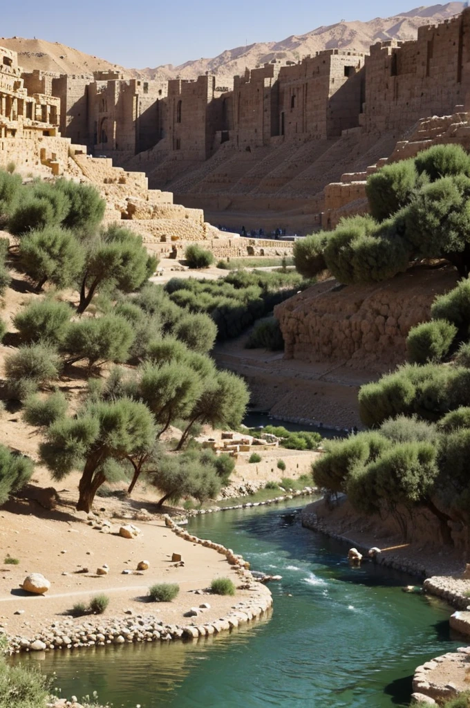 The Jordan River is looking horizontally with John the Baptist inside it preaching with all the people around the river.