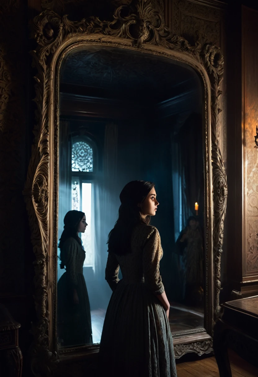 "A young woman stands in front of an antique mirror with an intricately carved dark frame. In the reflection, a ghostly figure of a woman from a bygone era, with eyes glowing with hatred, approaches Ana from behind. The room is enveloped in shadows, and the mirror emits a supernatural light, highlighting the tension and terror on Ana's face. Objects around them are slightly blurred, creating a sense of reality being distorted."