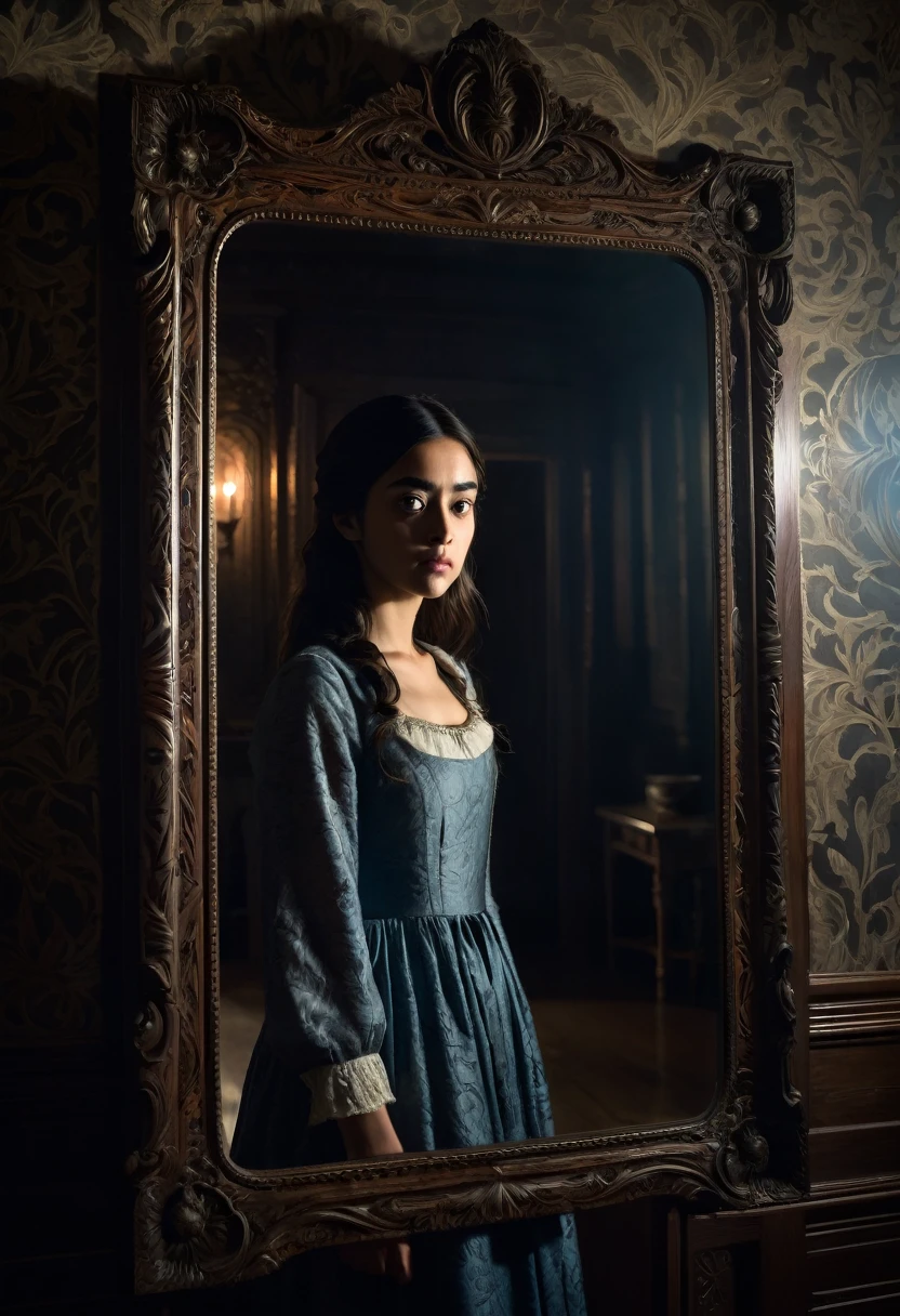 "A young woman stands in front of an antique mirror with an intricately carved dark frame. In the reflection, a ghostly figure of a woman from a bygone era, with eyes glowing with hatred, approaches Ana from behind. The room is enveloped in shadows, and the mirror emits a supernatural light, highlighting the tension and terror on Ana's face. Objects around them are slightly blurred, creating a sense of reality being distorted."