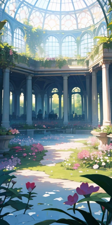 ((top quality), masterpiece,(ultra-realistic)), indoor botanical garden, dome, lots of flowers, background landscape is a garden with petals and papas flying around. --v6