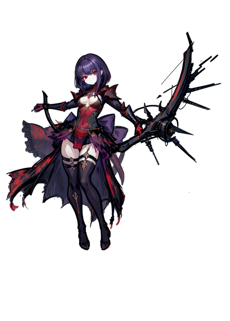 1girl, purple hair, red eyes, exposed torso, archer, bow and arrow,fire knight, legendary weapon ,beautiful clothes,(masterpiece, best quality), calm, aura of fire