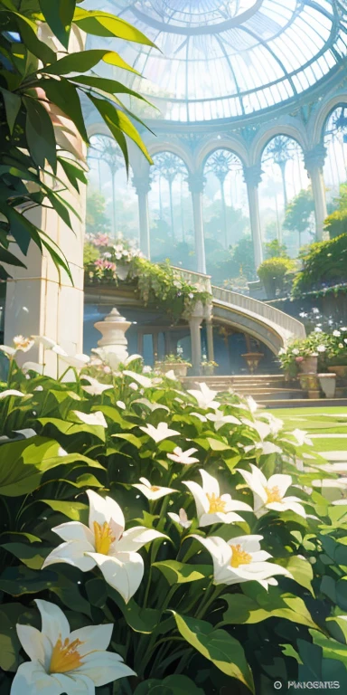 ((top quality), masterpiece,(ultra-realistic)), indoor botanical garden, dome, lots of flowers, background landscape is a garden with petals and papas flying around. --v6