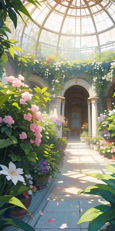 ((top quality), masterpiece,(ultra-realistic)), indoor botanical garden, dome, lots of flowers, background landscape is a garden with petals and papas flying around. --v6