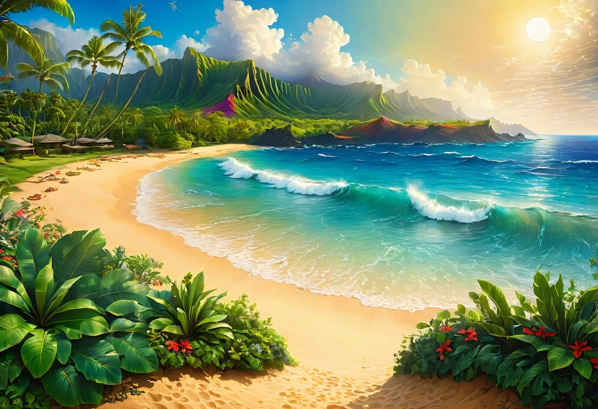 Hawaiian Beach, Highest quality, masterpiece, so beautiful, Perfect composition, Intricate details, Super detailed,