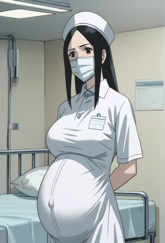 score_9, score_8_up, score_7_up, source_anime, raw image, masterpiece, highest quality, natural light, patient room background, kasuganoray, good shape, pale skin, worried eyes, big breasts, scrubs, surgical mask, surgical cap, long sleeve maternity dress,
1girl, pregnant, solo, long rubber gloves, looking down, furrowed brow, hospital bed, standing