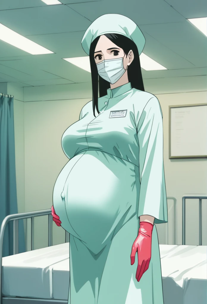 score_9,  score_8_up, score_7_up, source_anime, raw image, masterpiece, highest quality, natural light, patient room background, kasuganoray, good shape, pale skin, worried eyes, big breasts, scrubs, surgical mask, surgical cap, long sleeve maternity dress,
1girl, pregnant, solo, long rubber gloves, looking down, furrowed brow, hospital bed, standing