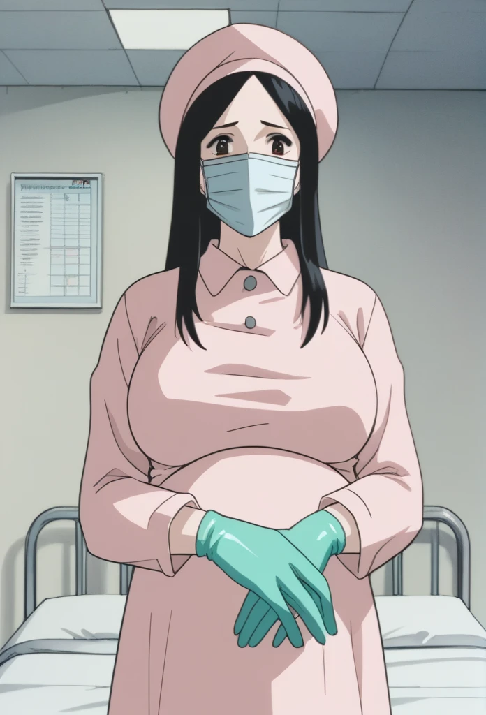 score_9, score_8_up, score_7_up, source_anime, raw image, masterpiece, highest quality, natural light, patient room background, kasuganoray, good shape, pale skin, worried eyes, big breasts, scrubs, surgical mask, surgical cap, long sleeve maternity dress,
1girl, pregnant, solo, long rubber gloves, looking down, furrowed brow, hospital bed, standing