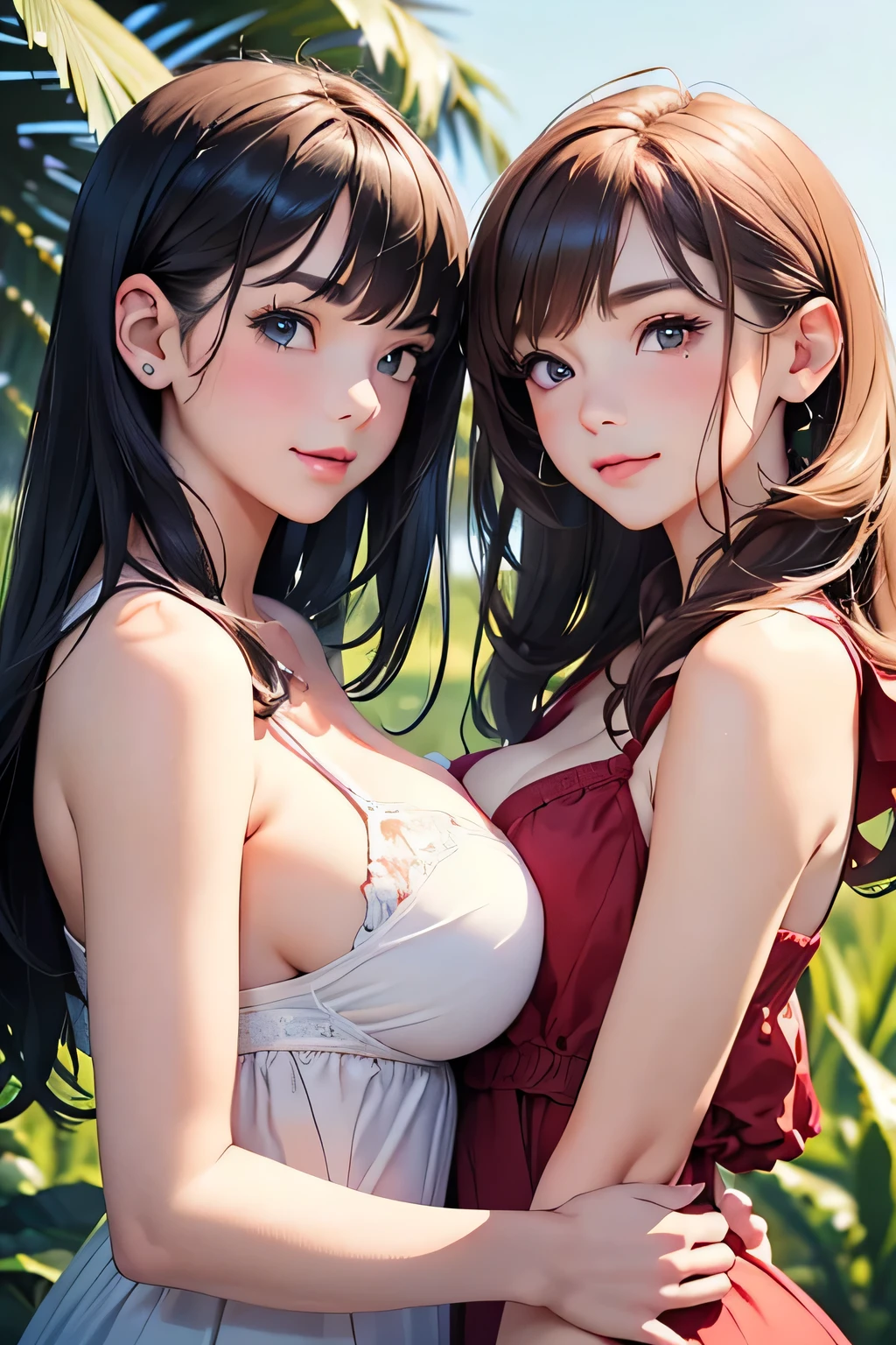 Highest quality、High resolution、Detailed Background、(Beautiful face in every detail:1.4)、Anatomically correct、(Detailed facial expressions)、Teenage beauty、(Highly detailed face:1.2)、(Huge breasts:1.2)、Cute hair colour、Cute hairstyle、Perfect body line、well-groomed eyebrows、A big smile、A fun atmosphere、Do cute things、

(Two girls enjoying the summer:1.5)、

The girl&#39;s smile is shining、Hair swaying in the sea breeze、Enveloped in the sun、Running under the blue sky、Freedom of mind and body、 Reflected in your shining eyes、The world looks new again、In this dreamy season、The time I spend with you、More comfortable than anything、More than anything, it&#39;s adorable、As time passes slowly, memories between the two of us are engraved into our memory.、Girls, enjoy the summer、And add color to this heart forever、very beautiful