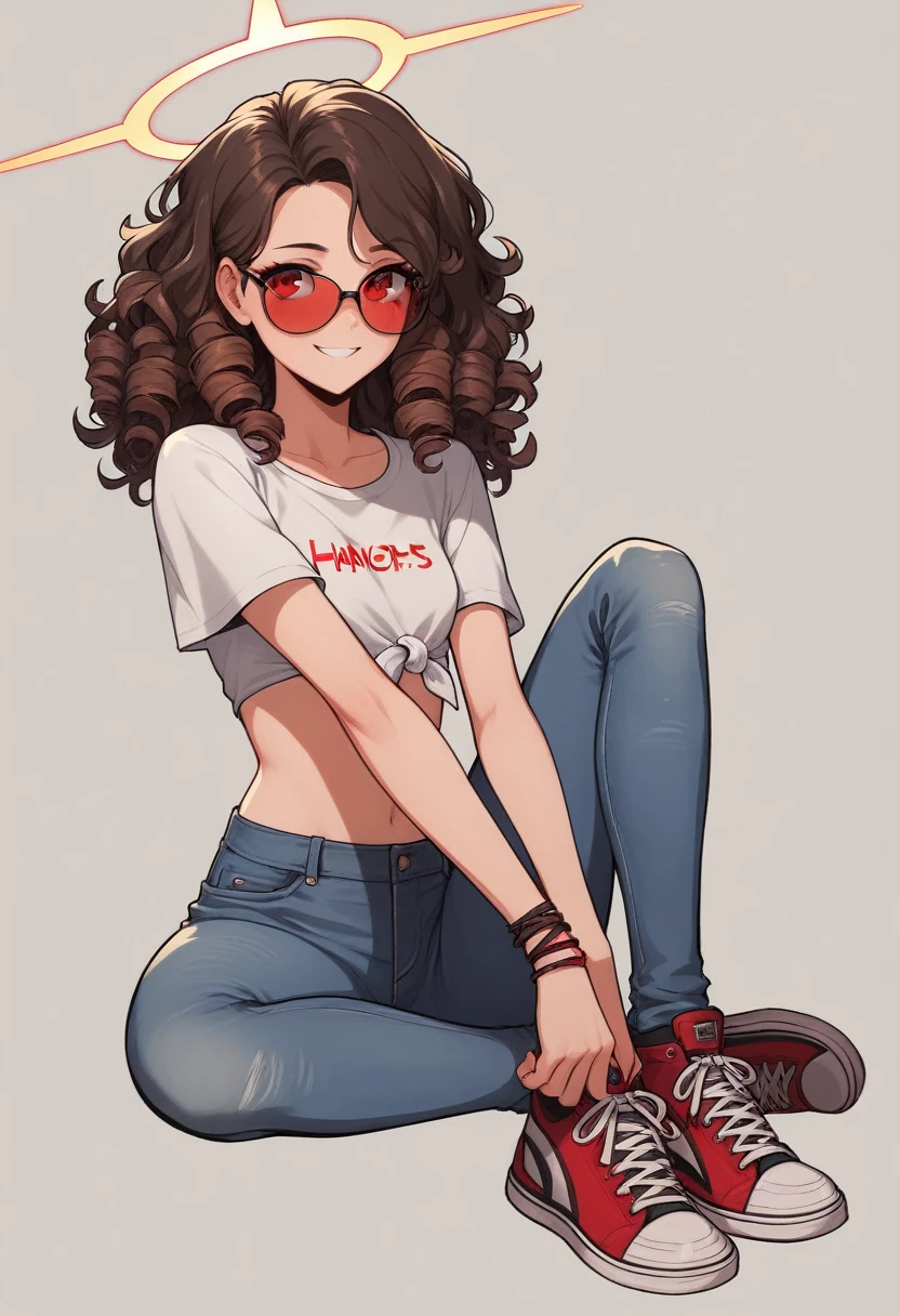 score_9, score_8_up, tied-up cropped shirt, slim jeans, high-top sneakers, small breasts, two-tone hair (brown hair, black tip)), curly hair, halo, sunglasses, jewelry, red eyes, longeyelashes, red eyes, smile, shy, blush, pose