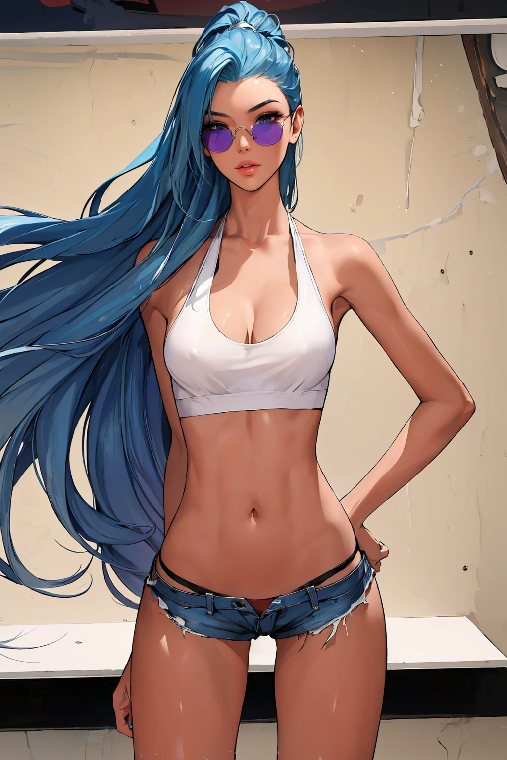 (best quality: 1.2), clean face, (masterpiece: 1.2, 8k) perfect anatomy, 1girl,a beautiful fashion model ,(masterpiece, official art, best quality ,long and shiny hair, blue hair with streaks in hair, long hair, full lips, slender body, slim body big breasts, looking at viewer, revealing outfit, absurdity, intricate details, dynamic pose, club, , wearing short shorts and a tight white top, cleavage, torn clothes, thong straps, sunglasses, celebrity