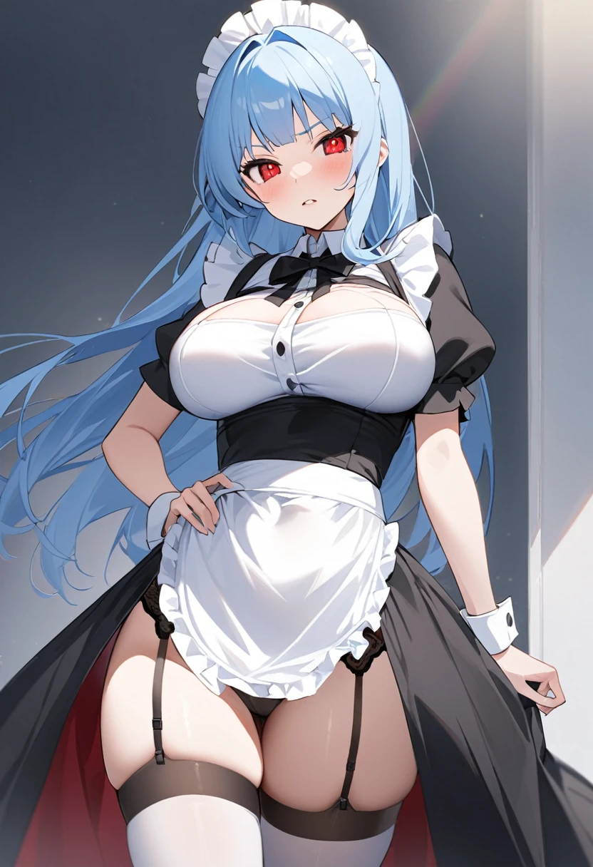 My name is Yukiko.I am a white test woman with long light blue hair,red eye color.I am 1.62 cm tall . My breasts measure 200 cm, my waist 40 cm and my hips 200 cm. Dressed in a tight fitting maid outfit along with a Garter Belt. With big breasts 200 cm