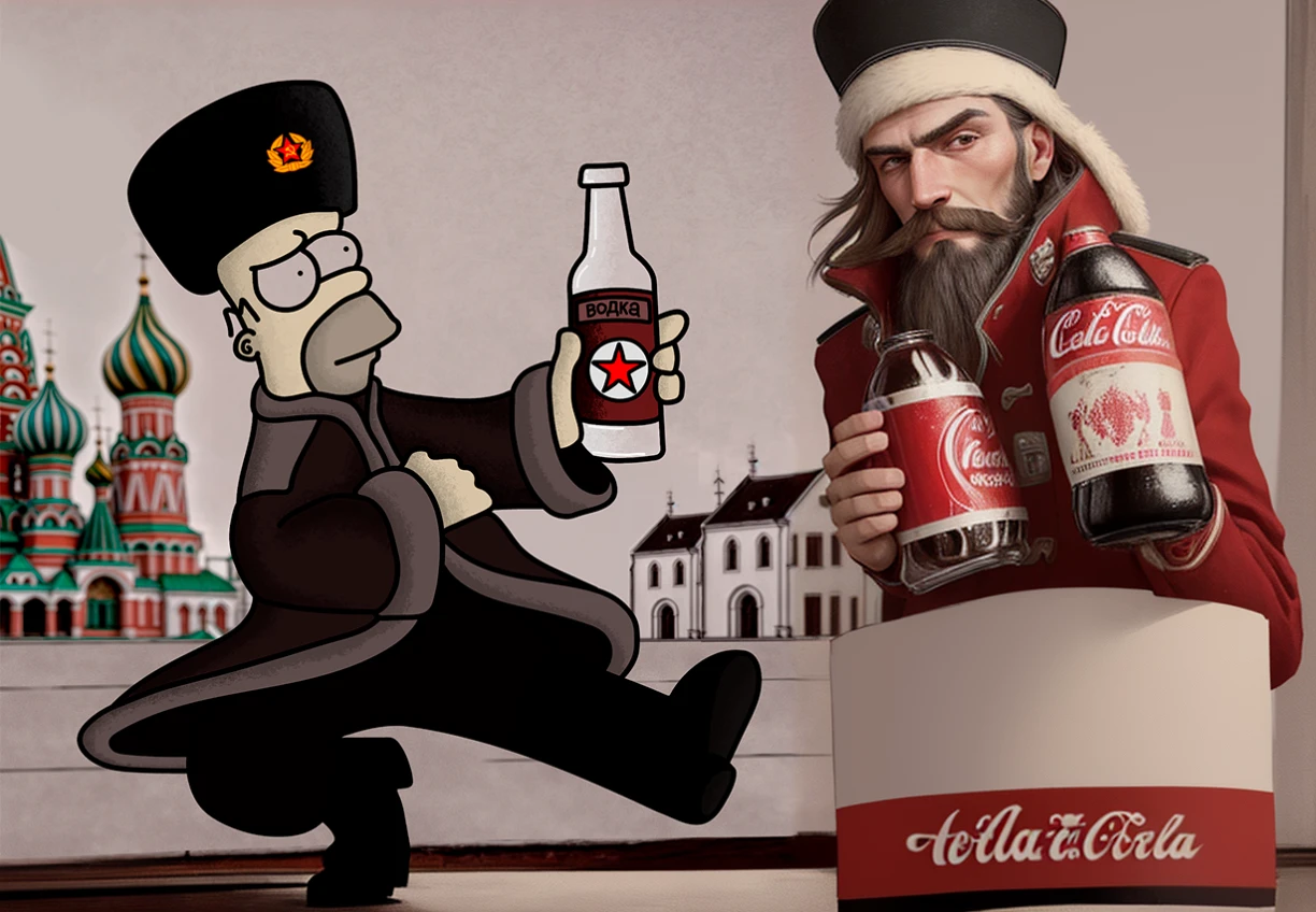 cartoon of a man in a russian hat holding a bottle of coca cola, rasputin as grubhub character, inspired by Mikhail Evstafiev, soviet era, slavic!!!, hello soviet, in the post-apocalypse city, inspired by Vladimir Novak, inspired by Vladimir Baranov-Rossine, al estilo de kyrill kotashev, kremlin