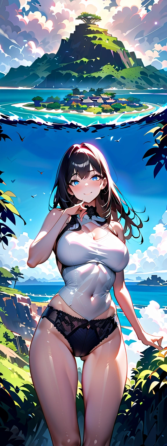 ((Highest quality、、masterpiece:1.3)), Upper Body、Long legs、Sharp focus:1.2, Beautiful woman with perfect figure:1.4、Big Breasts, (Smiling:1.2), double eyelid、30-year-old female、Sexy pose、((((In underwear、Uninhabited island))))、Blue Eyes,(((Close your mouth、Standing posture)))、One Woman