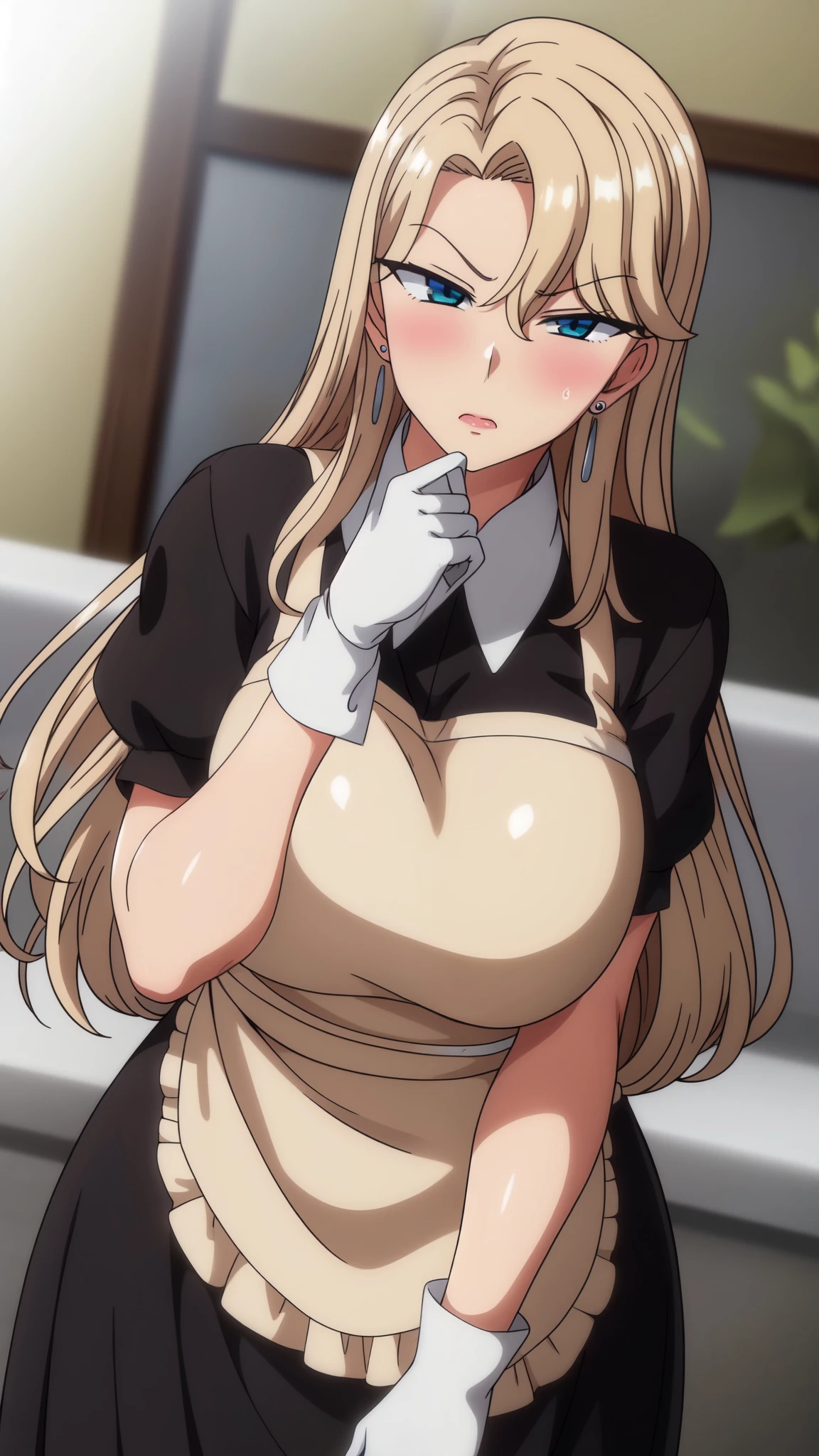 (((master piece))), 1 girl, standing, facing viewer, cowboy shot, cafe, BREAK ReikaKurashiki, solo, huge breasts, milf, mature woman, blonde, long hair, blue eyes, earrings, maid, black dress, short sleeves, white apron, miniskirt, white gloves, full face blush, frustrated, clenched fist, , (best_quality: 1.0), , , , official art, , remely detailed CG unity 8k wallpaper, Colorful, (masterpiece:1.0), (best_quality:1.0), ultra high res, 4K, ultra-detailed,aiue oka