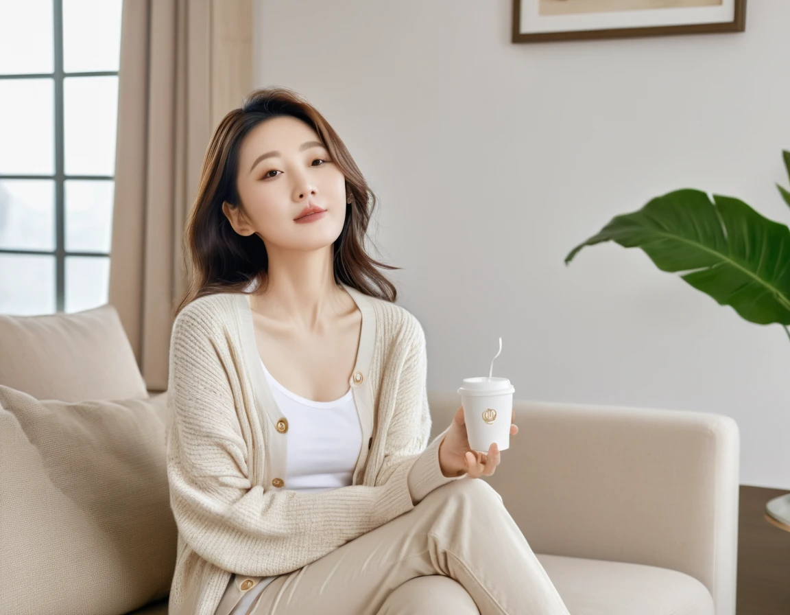 8k best picture quality, Beautiful 36-year-old Korean woman, short and nice weather. Chest size 34 inches, Wearing a white T-shirt, a luxury brand cardigan, and beige jeans.. luxury mansion living room, sitting on the sofa holding a coffee cup, full body shot
