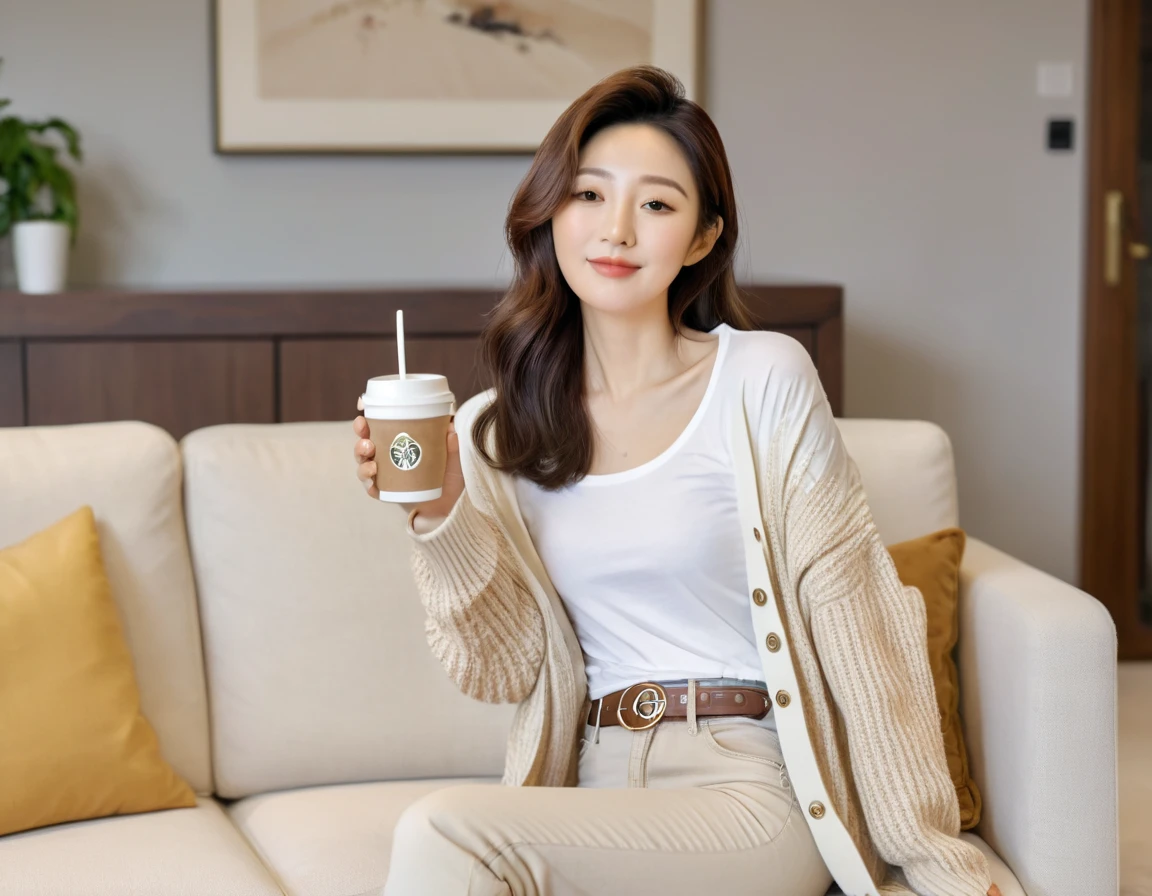 8k best picture quality, Beautiful 36-year-old Korean woman, short and nice weather. Chest size 34 inches, Wearing a white T-shirt, a luxury brand cardigan, and beige jeans.. luxury mansion living room, sitting on the sofa holding a coffee cup, full body shot