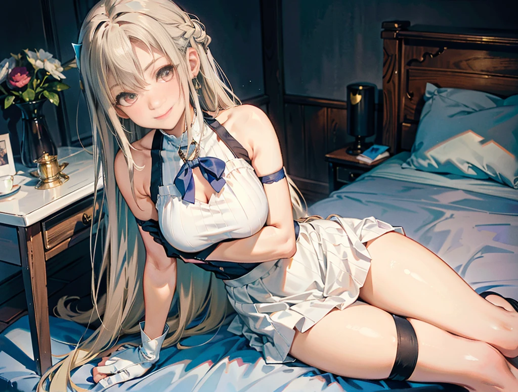 Highest quality, masterpiece, One girl, alone, ferry, Long Hair, ferryBase, Knee socks, Bare shoulders, jewelry, No sleeve, White Dress, Blue Skirt, gloves, bed room, bed, Wooden floor, Sitting, Sitting on bed, Put your hands on your feet, smile, Soft lighting, whole body, Wide Hips, Medium chest