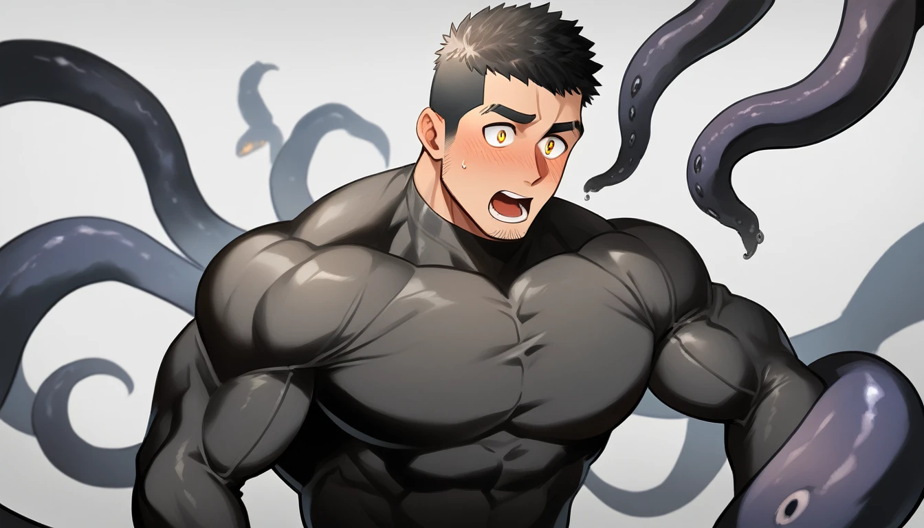 anime characters：Superhero in tights, negro black skin, He was entangled by a large number of thick black tentacles, Very stout, Lots of mucus, Wrap around the neck, Tightly tied, Manliness, male focus, Yellow and black high collar long sleeve tight T-shirt, Slightly transparent material, Very tight, Round, full and perky chest muscles, Male dog waist, Slightly transparent, muscular male, muscular, only, Upper body, alone, Black short hair, Thick eyebrows, stubble, Yellow eyes, Grey background, simple background, amazing quality, best aesthetics, Ridiculous, bright pupils, crew cut, parted lips, blush, open mouth, scared, drop shadow, best quality