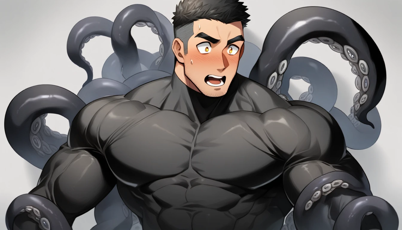 anime characters：Superhero in tights, negro black skin, He was entangled by a large number of thick black tentacles, Very stout, Lots of mucus, Wrap around the neck, Tightly tied, Manliness, male focus, Yellow and black high collar long sleeve tight T-shirt, Slightly transparent material, Very tight, Round, full and perky chest muscles, Male dog waist, Slightly transparent, muscular male, muscular, only, Upper body, alone, Black short hair, Thick eyebrows, stubble, Yellow eyes, Grey background, simple background, amazing quality, best aesthetics, Ridiculous, bright pupils, crew cut, parted lips, blush, open mouth, scared, drop shadow, best quality