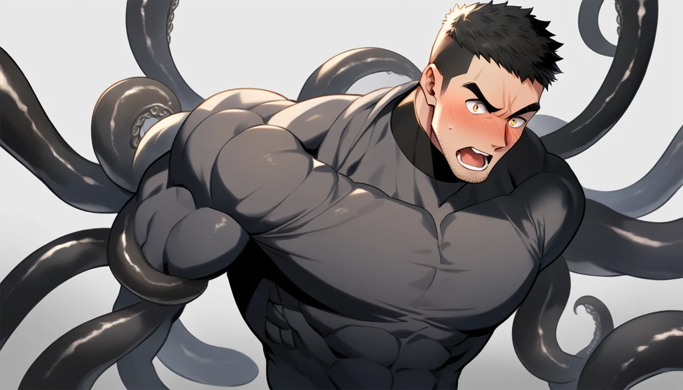 anime characters：Superhero in tights, negro black skin, He was entangled by a large number of thick black tentacles, Very stout, Lots of mucus, Wrap around the neck, Tightly tied, Manliness, male focus, Yellow and black high collar long sleeve tight T-shirt, Slightly transparent material, Very tight, Round, full and perky chest muscles, Male dog waist, Slightly transparent, muscular male, muscular, only, Upper body, alone, Black short hair, Thick eyebrows, stubble, Yellow eyes, Grey background, simple background, amazing quality, best aesthetics, Ridiculous, bright pupils, crew cut, parted lips, blush, open mouth, scared, drop shadow, best quality