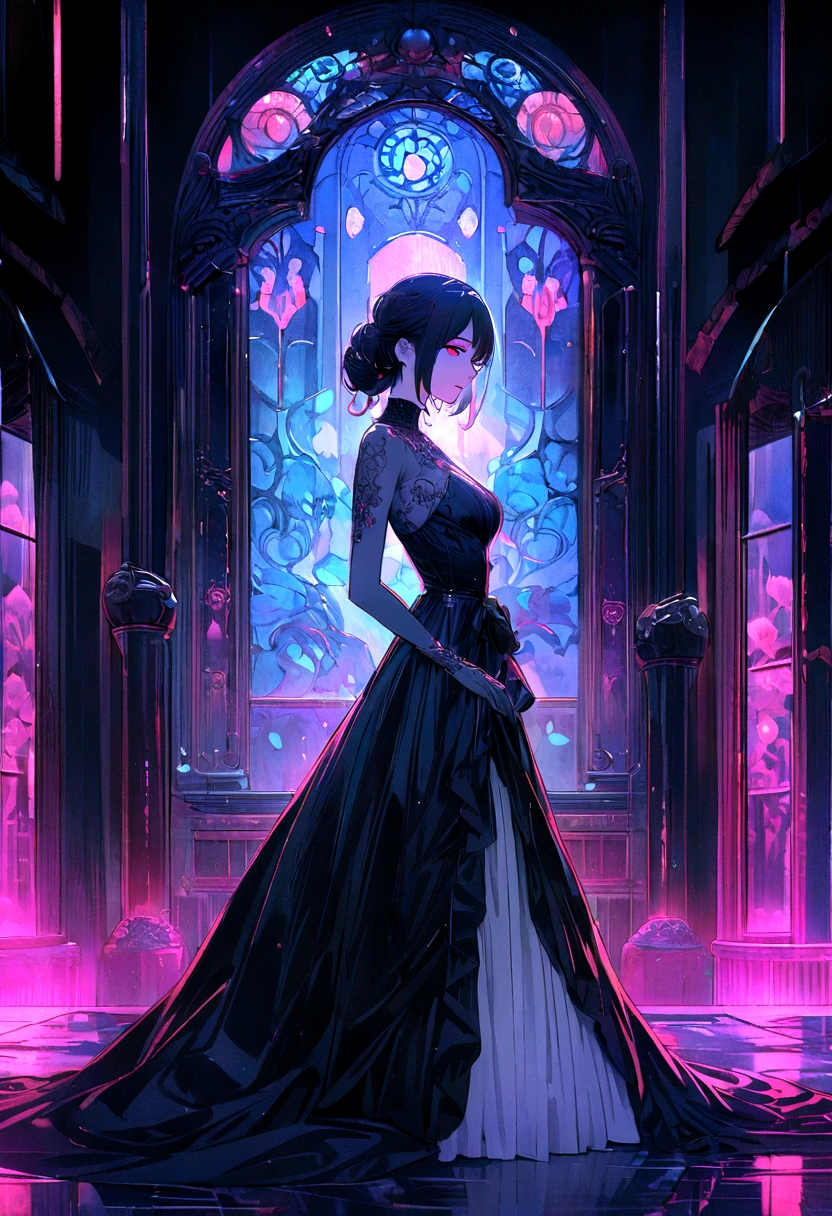High resolution RAW color art, animation, Silver Marble Skin, (((Highly detailed elegant))), Magical atmosphere, Detailed skin, texture,(Exquisitely crafted, The finer details, Ultra-detailed art), Depth of written boundary, Silky Touch, Hyper Detail, Matte Drawing, Aquamarine Eyes, Elegant face, Neon Light, Looking to the side,Crouch down,Red and black dress,dior pink lips,Red eyeshadow,in the rain,In the city,8K,