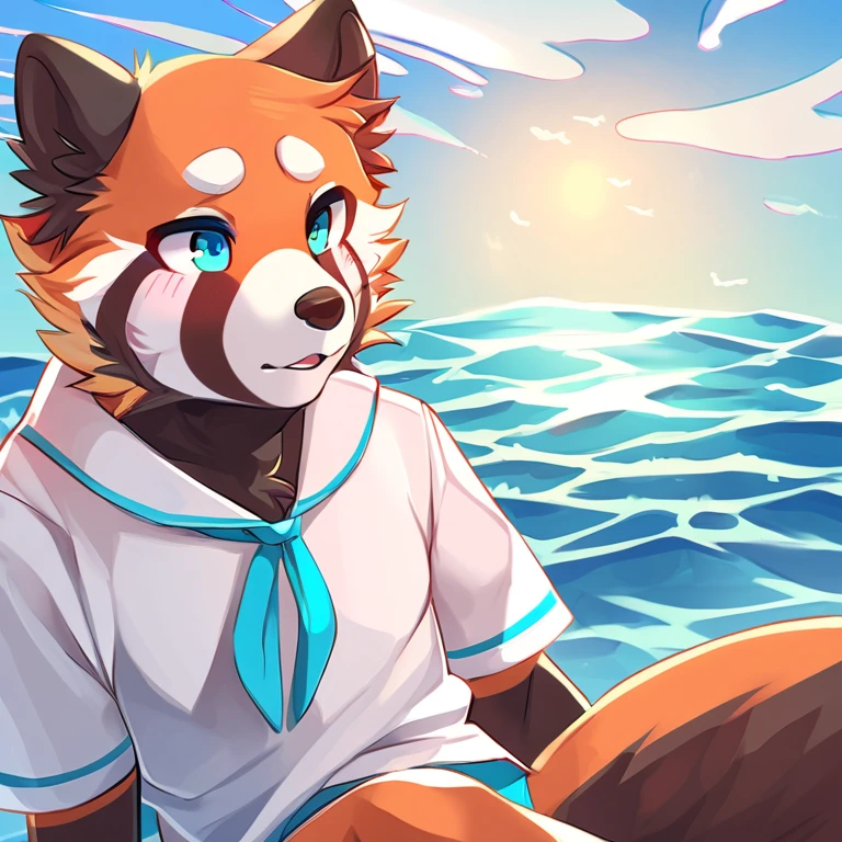 Male Red Panda, Ocean, Appeared wearing a sailor uniform! One in heat, Sitting,fly in the sky，Cyan Light