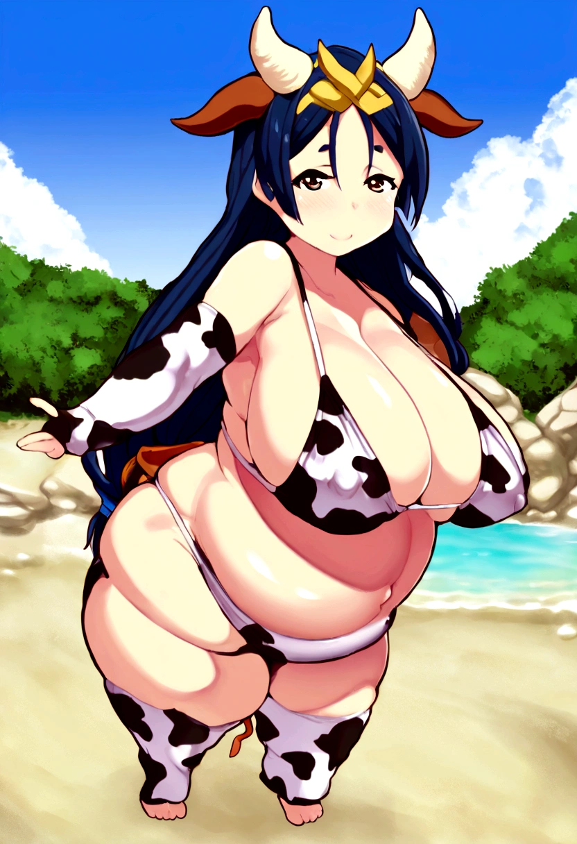 a closeup of a pregnant woman in a bikini with horns on her head, Thick, Thick build, cosplay completo, cosplay, full body with cow costume, as supervisory character, as supervisory character, she has a round pregnant belly, fat and wavy, wears a bathing suit, cosplay anime
