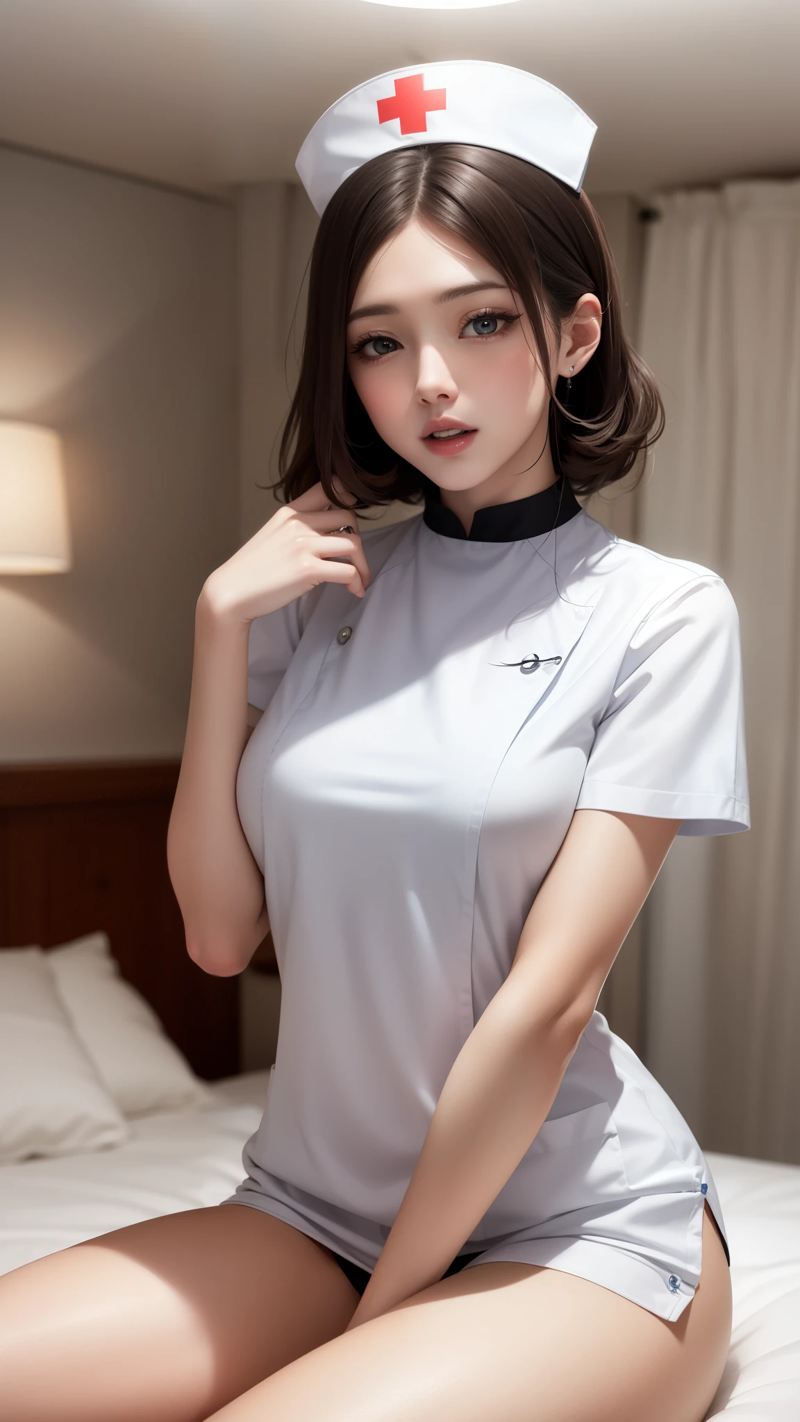 (masterpiece,ultra-detailed,best quality,8K,CG,illustration,shaved:1.0),(1girl:1) 、Dark Room、bedroom、Sexy gestures and faces、Sexy, jyojifuku,nurse