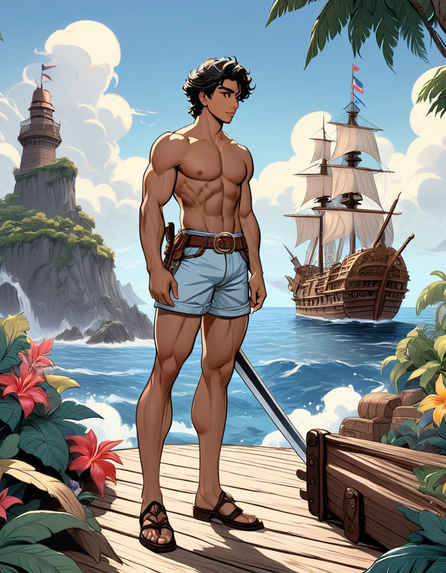 anime+hentai+yaoi style pastel color palette, symmetrical composition, ultra-detailed artistic style, oil painting, full body, perfect composition, perfect anatomy, wearing small shorts, dramatic, natural lighting, a beautiful young man, handsome, tall, perfect feet, Latino, muscles Detailed realistic, body symmetry, he is standing on the bow of a 17th century ship looking at the horizon holding a sword, in the background in the sea several tropical islands and a multicolored backpack on the ground
