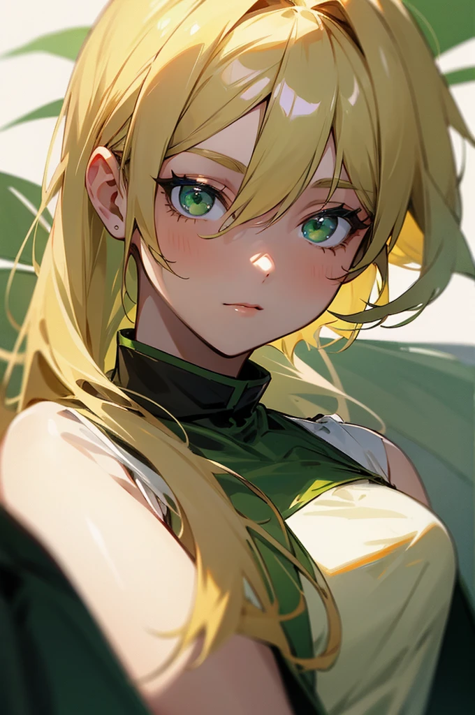 A girl with blond hair and emerald green eyes