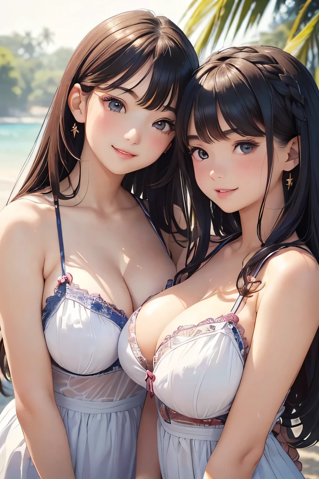 Highest quality、High resolution、Detailed Background、(Beautiful face in every detail:1.4)、Anatomically correct、(Detailed facial expressions)、Teenage beauty、(Highly detailed face:1.2)、(Huge breasts:1.2)、Cute hair colour、Cute hairstyle、Perfect body line、well-groomed eyebrows、A big smile、A fun atmosphere、Do cute things、

(Two girls enjoying the summer:1.5)、

The girl&#39;s smile is shining、Hair swaying in the sea breeze、Enveloped in the sun、Running under the blue sky、Freedom of mind and body、 Reflected in your shining eyes、The world looks new again、In this dreamy season、The time I spend with you、More comfortable than anything、More than anything, it&#39;s adorable、As time passes slowly, memories between the two of us are engraved into our memory.、Girls, enjoy the summer、And add color to this heart forever、very beautiful