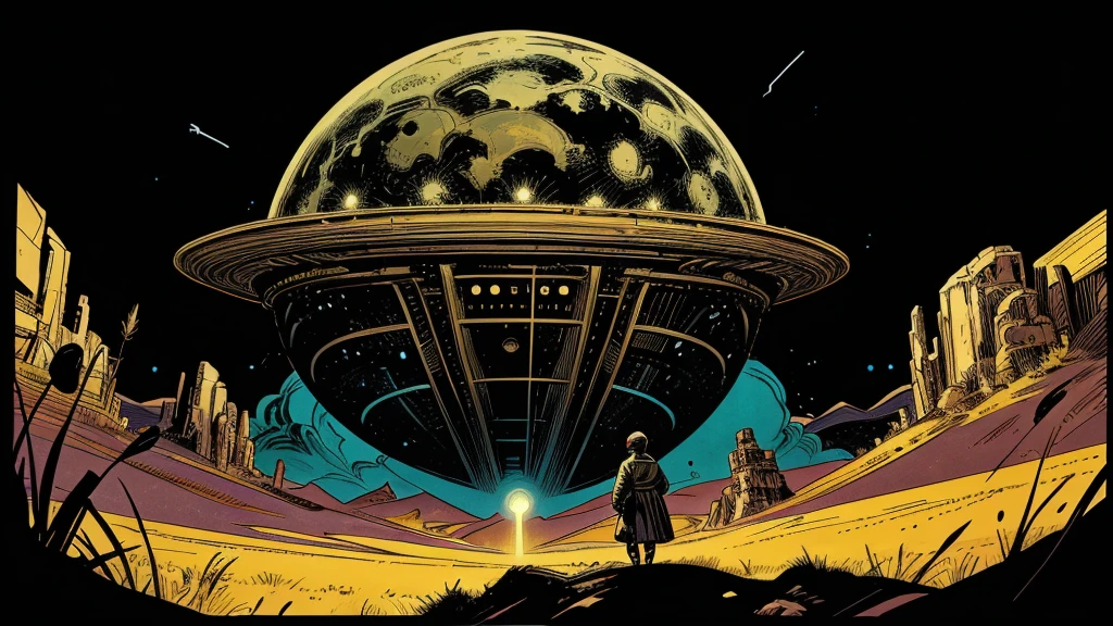 Use this prompt to create an image in the style of 1950s-70s comic book art. Use bold outlines, halftone patterns, and exaggerated perspective. Employ intense, saturated colors reminiscent of vintage four-color printing. Maintain a psychedelic, otherworldly atmosphere with swirling, colorful skies and strange celestial bodies. Emphasize the contrast between light and shadow to create a dramatic, pulp sci-fi feel. Create an image of: a hollow earth landscape