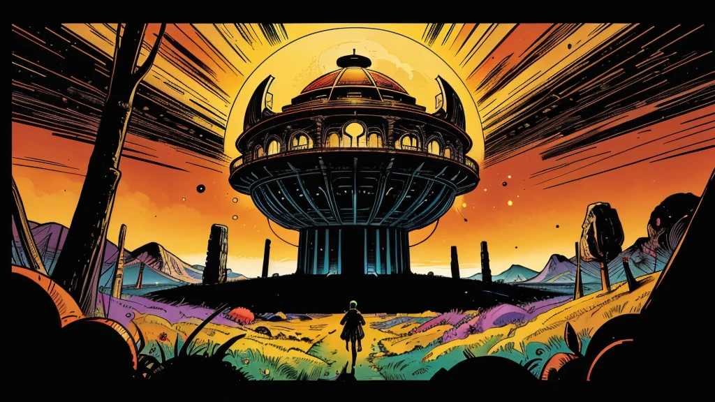 Use this prompt to create an image in the style of 1950s-70s comic book art. Use bold outlines, halftone patterns, and exaggerated perspective. Employ intense, saturated colors reminiscent of vintage four-color printing. Maintain a psychedelic, otherworldly atmosphere with swirling, colorful skies and strange celestial bodies. Emphasize the contrast between light and shadow to create a dramatic, pulp sci-fi feel. Create an image of: a hollow earth landscape