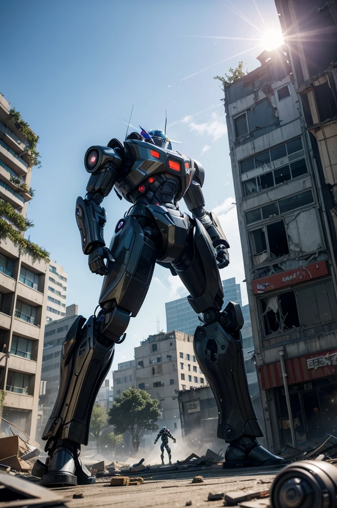 An epic fight in the background between futuristic robots in the middle of a partially destroyed city
And right in front of the larger building, a little to the left, there is a logo for a game called "E-BOTS FIGHT&FORGE"