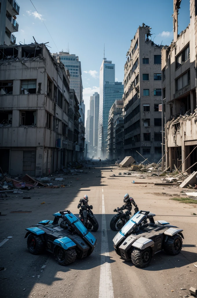 An epic fight in the background between futuristic robots in the middle of a partially destroyed city
And right in front of the larger building, a little to the left, there is a logo for a game called "E-BOTS FIGHT&FORGE"