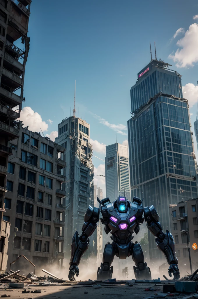 An epic fight in the background between futuristic robots in the middle of a partially destroyed city
And right in front of the larger building, a little to the left, there is a logo for a game called "E-BOTS FIGHT&FORGE"