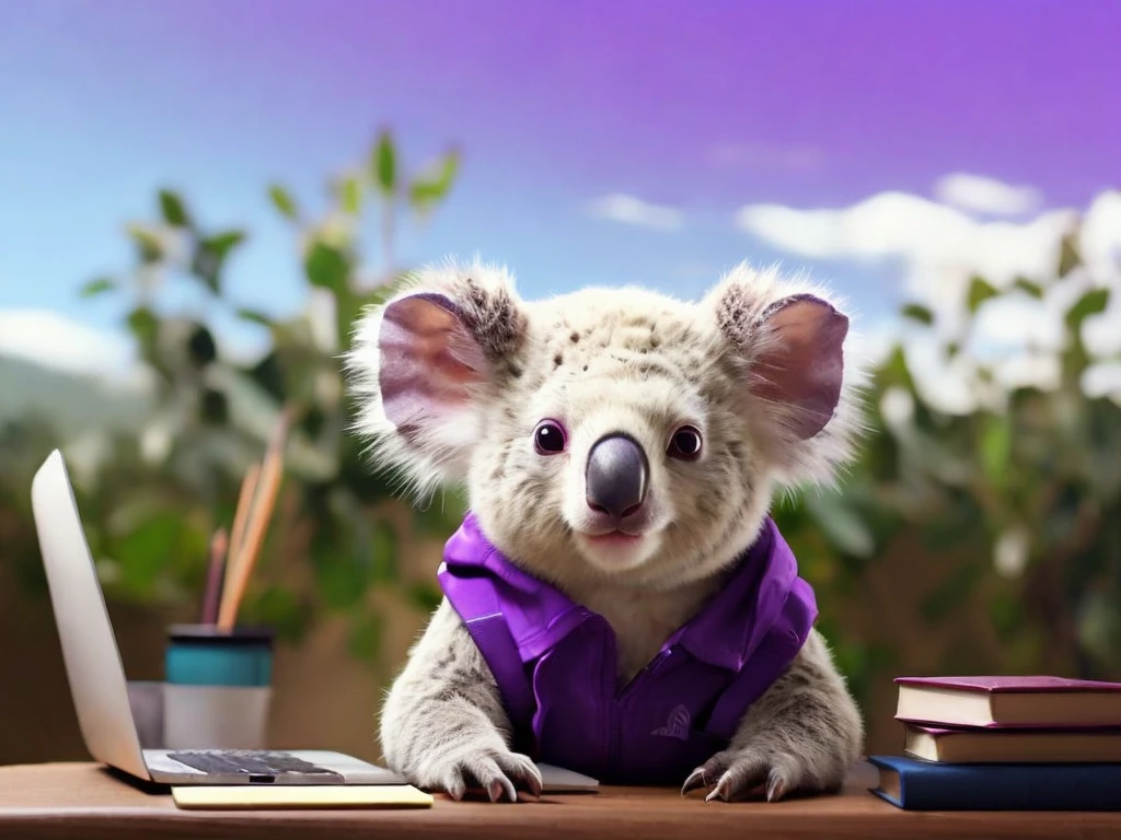 "Generate an image of a white koala with a purple nose, studying intently while using a computer, showcasing a cute and studious scene."