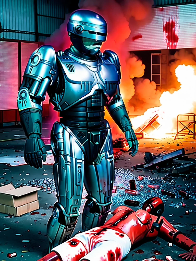 Abandoned Factory、Robocop destroyed and dismembered、Vomiting blood from the mouth、Sparks and smoke coming from dismembered body parts