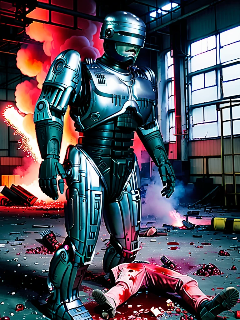 Abandoned Factory、Robocop destroyed and dismembered、Vomiting blood from the mouth、Sparks and smoke coming from dismembered body parts