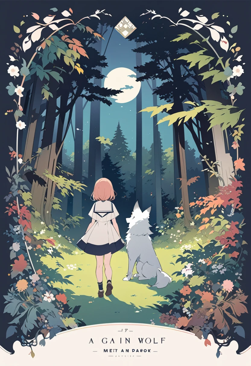 cover page, A girl and a wolf meet in the forest, flat Design, vector illustrations, graphic illustration, detailed 2d illustration, flat illustration, digital illustration, digital artwork,