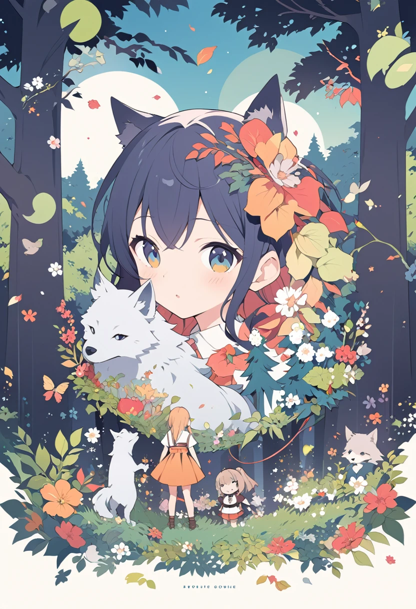 cover page, A girl and a wolf meet in the forest, flat Design, vector illustrations, graphic illustration, detailed 2d illustration, flat illustration, digital illustration, digital artwork,