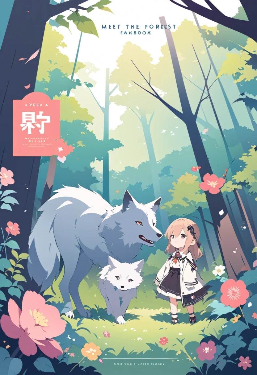 cover page, A girl and a wolf meet in the forest, flat Design, vector illustrations, graphic illustration, detailed 2d illustration, flat illustration, digital illustration, digital artwork,