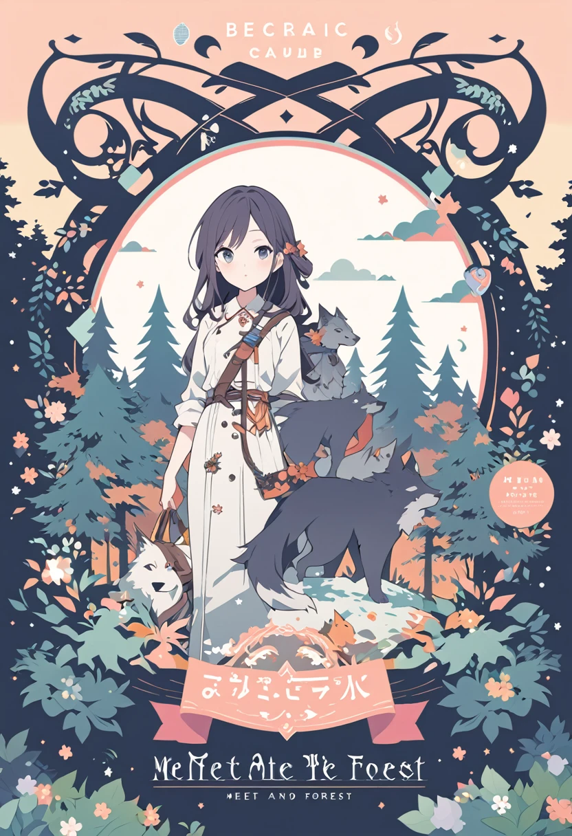 cover page, A girl and a wolf meet in the forest, flat Design, vector illustrations, graphic illustration, detailed 2d illustration, flat illustration, digital illustration, digital artwork,