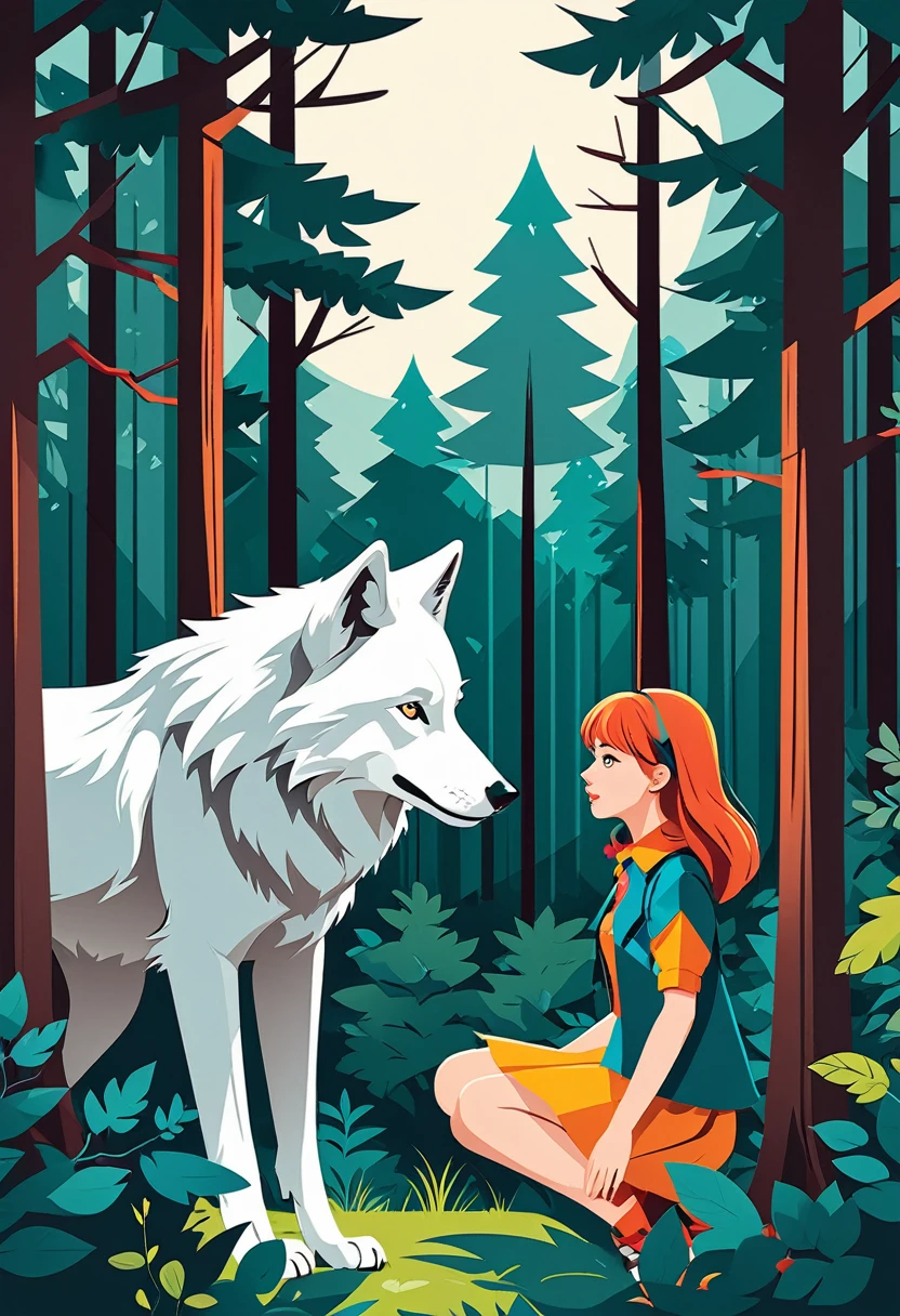 cover page, A girl and a wolf meet in the forest, flat Design, vector illustrations, graphic illustration, detailed 2d illustration, flat illustration, digital illustration, digital artwork,