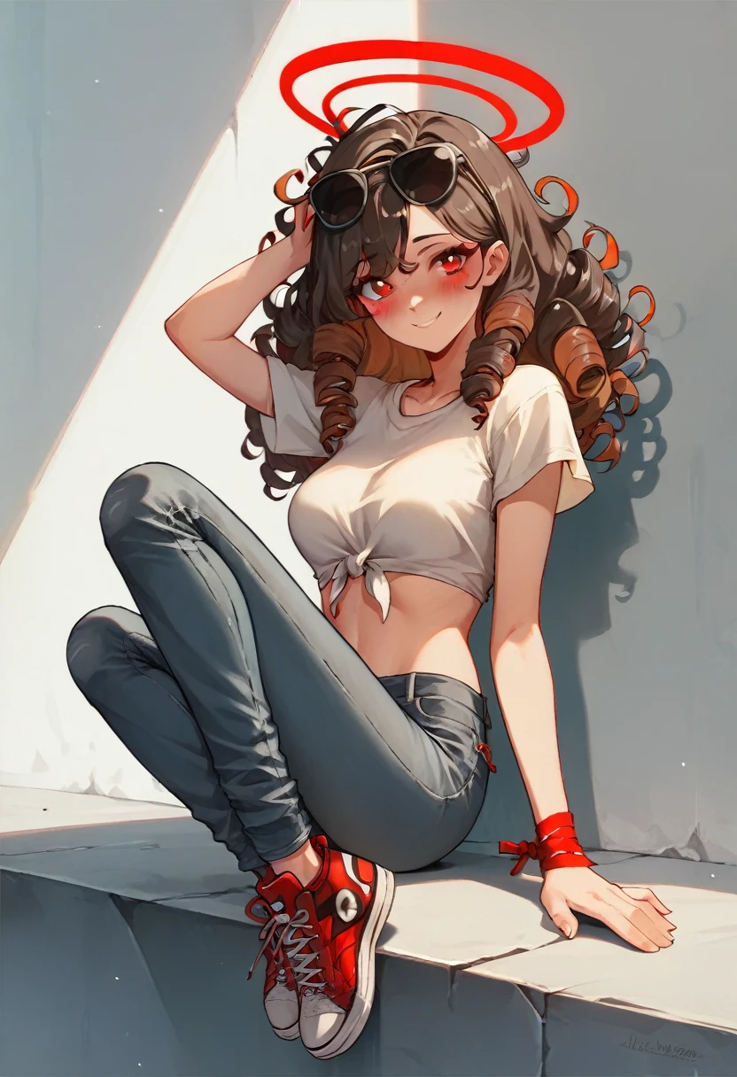 score_9, score_8_up, tied-up cropped shirt, slim jeans, high-top sneakers, small breasts, two-tone hair (brown hair, black tip)), curly hair, halo, sunglasses, jewelry, red eyes, longeyelashes, red eyes, smile, shy, blush, pose, large breasts