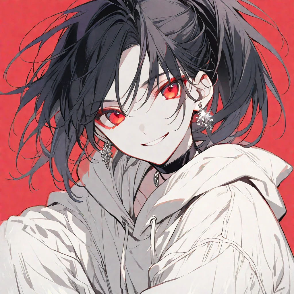 solo, handsome, monotone,
1. male,
Hime cut,Straight Hair,Bob Hair, ponytail,
black hair,
Nakano Yotsuba,
red Eyes,Soft look,beautiful,beautiful,Sexy,Darkness,Lots of silver earrings,choker,
White Distressed jeans, hoodie ,smile,skin,Summer,
simple background ,
red background,
