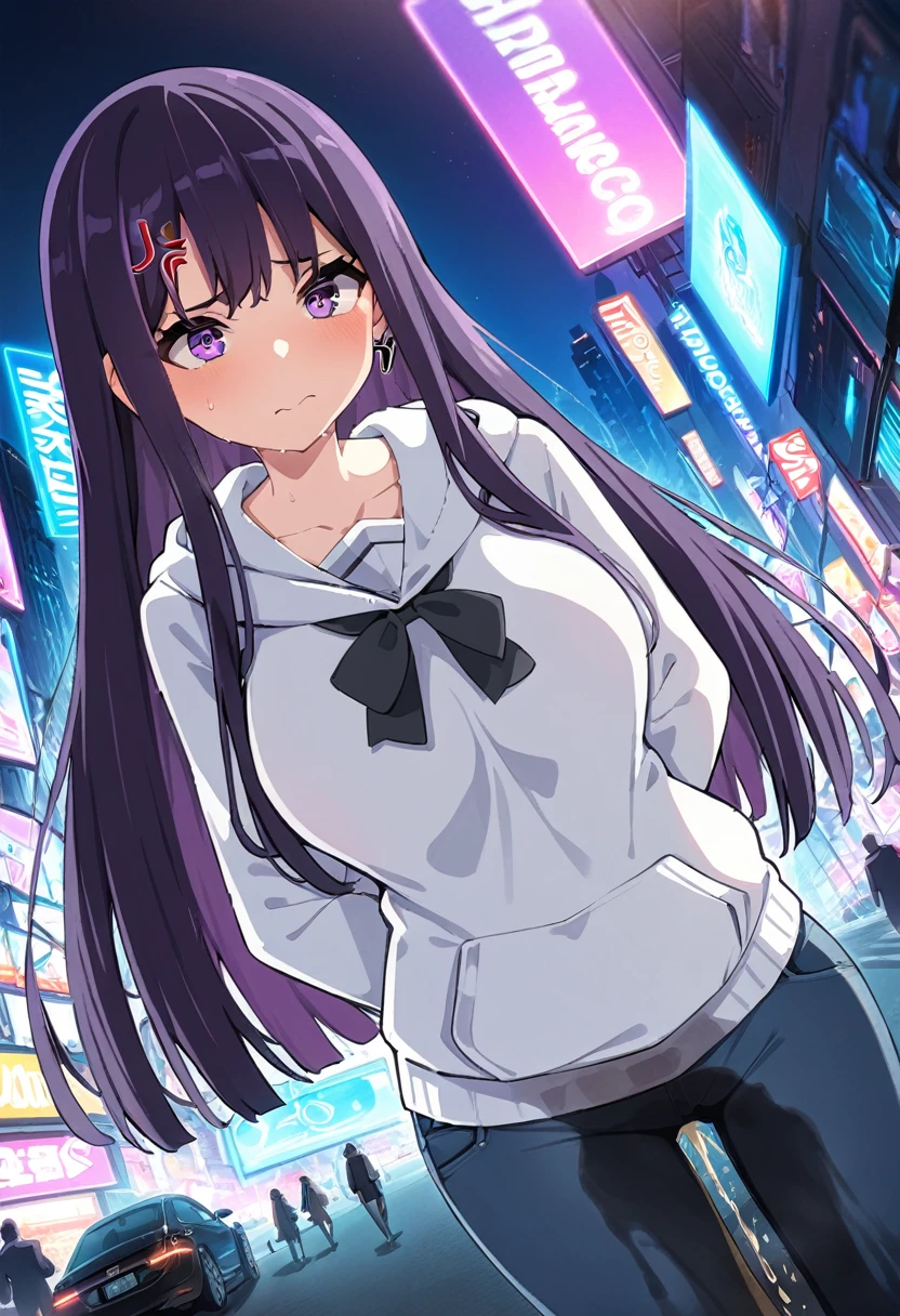 (masterpiece:1.37), best quality, (extremely detailed:1.37), (1girl:1.5), woman, (mature:1.5), (adult:1.5), large breasts, very long hair, (straight hair:1.5), (very dark purple hair:1.5), purple eyes, (extremely detailed eyes:1.37), hoodie, jeans, desperation, (wetting self:1.5), standing, embarrassed, humiliation, blushing, angry, city, futuristic, neon lighting, high-tech, street, skyscraper