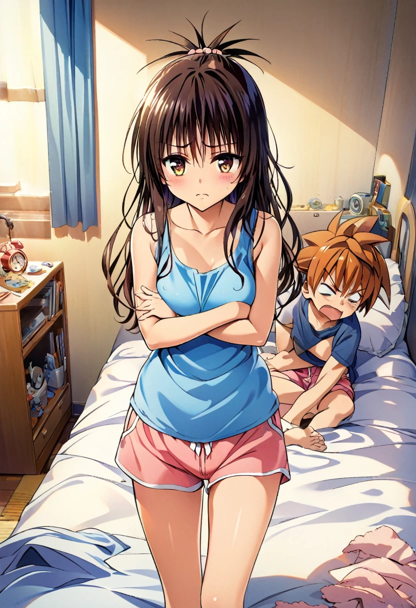 Masterpiece, highres, highest quality, illustration, ultra detailed, detailed face, detailed eyes, best quality, hyper detailed, beautiful detailed eyes, beautiful face, perfect body, official art, grand prix award illustration, professional lighting, morning sunlight, messy bedroom, yuuki rito sleeping in bed, yuuki mikan standing beside bed, wearing blue tanktop and pink shorts,arms crossed, frowning face, annoyed expression, alarm clock visible, daily life scene, sibling interaction.Style of Yabuki Kentaro, To Love-Ru art style,