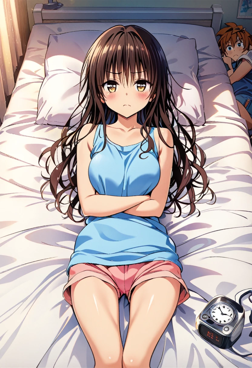 Masterpiece, highres, highest quality, illustration, ultra detailed, best quality, official art, professional lighting, morning sunlight, first-person perspective, blurry vision, half-open eyes, medium breasts,messy bedroom, view from bed, yuuki mikan, hair ornaments, long hair, topknot, wavy hair, (visible from chest up) standing beside bed, wearing blue tanktop and pink shorts,arms crossed, frowning face, annoyed expression, alarm clock visible in foreground, daily life scene, sibling interaction, sleepy atmosphere