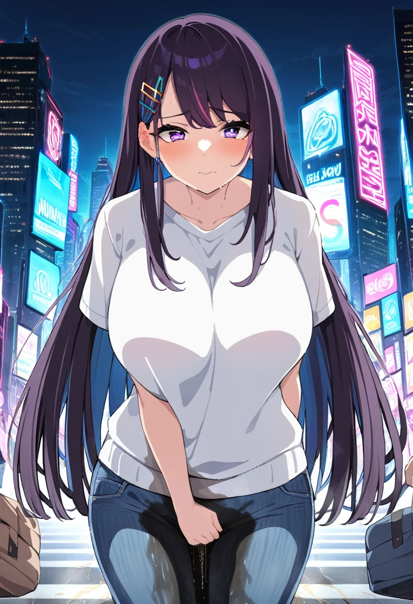 (masterpiece:1.37), best quality, (extremely detailed:1.37), (1girl:1.5), woman, (mature:1.5), (adult:1.5), large breasts, very long hair, (straight hair:1.5), (very dark purple hair:1.5), purple eyes, (extremely detailed eyes:1.37), hoodie, jeans, desperation, (wetting self:1.5), standing, embarrassed, humiliation, blushing, angry, city, futuristic, neon lighting, high-tech, street, skyscraper